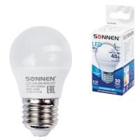 Лампа светодиодная SONNEN, 5 (40) Вт, цоколь E27, шар, нейтральный белый свет, 30000 ч, LED G45-5W-4000-E27, 453700