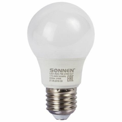 Лампа светодиодная SONNEN, 7 (60) Вт, цоколь E27, груша, теплый белый свет, 30000 ч, LED A55-7W-2700-E27, 453693