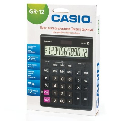 Калькулятор настольный CASIO GR-12-W (209х155 мм), 12 разрядов, двойное питание, европодвес, черный, GR-12-W-EP