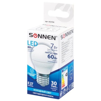 Лампа светодиодная SONNEN, 7 (60) Вт, цоколь E27, шар, нейтральный белый свет, 30000 ч, LED G45-7W-4000-E27, 453704