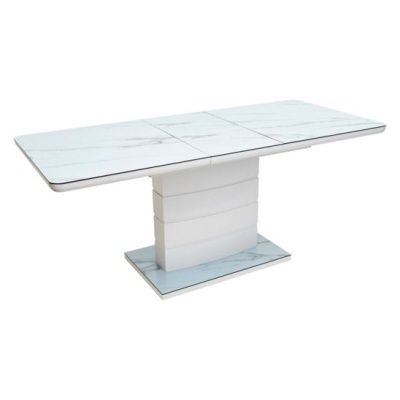 Стол Alta 140, серо-белый мрамор/ белое глазурованное стекло