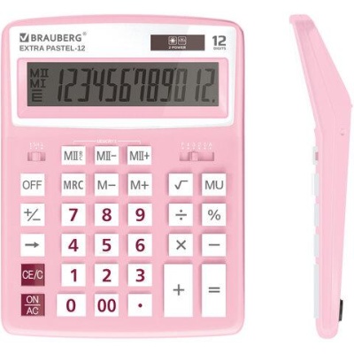 Калькулятор настольный BRAUBERG EXTRA PASTEL-12-PK (206x155 мм), 12 разрядов, двойное питание, РОЗОВЫЙ, 250487
