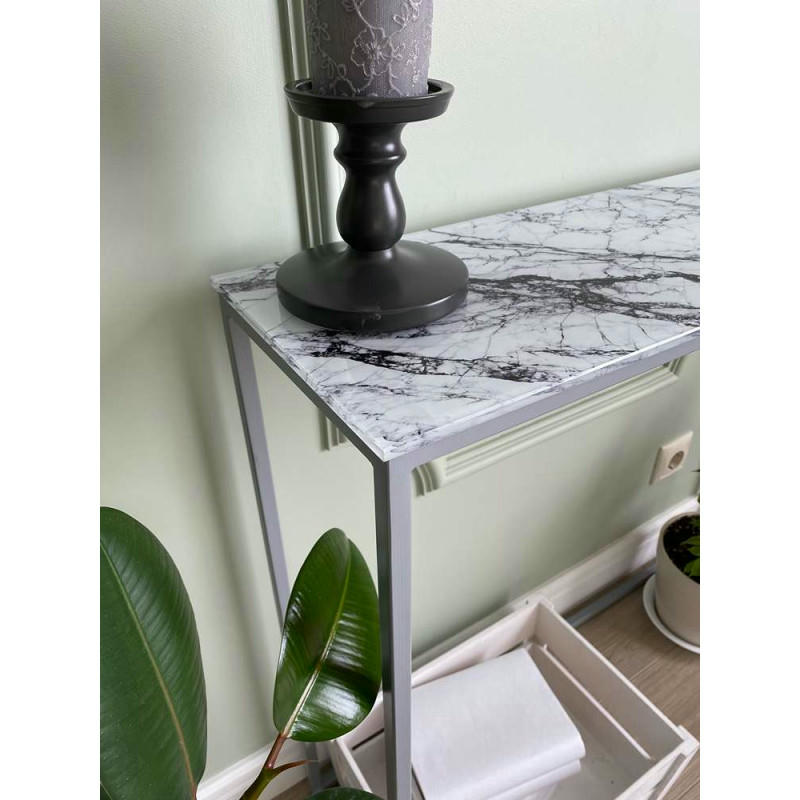 Журнальный столик стекло под мрамор белый/каркас серый