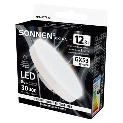 Лампа светодиодная SONNEN EXTRA, 12 (110) Вт, GX53, таблетка, нейтральный белый, 30000 ч, LED 12W-4000-GX53, 457933