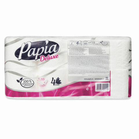 Бумага туалетная бытовая, спайка 8 шт., 4-слойная (8х14,8 м), PAPIA DELUXE/ELITE, белая, 50202823/502040