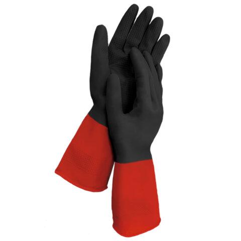 Перчатки МНОГОРАЗОВЫЕ латексные LAIMA "БИКОЛОР" черно-красные, ОСОБО ПРОЧНЫЕ, хлопковое напыление, размер XL (оч. большой), вес 64 г, 700540