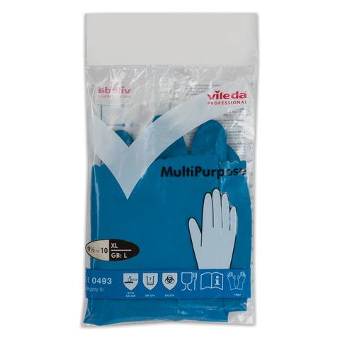 Перчатки МНОГОРАЗОВЫЕ резиновые VILEDA многоцелевые, хлопчатобумажное напыление, ПРОЧНЫЕ, размер XL (очень большой), синий, вес 72 г, 174357