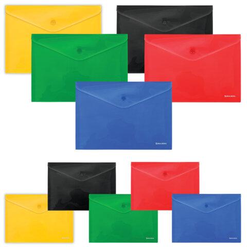 Папка-конверт с кнопкой КОМПЛЕКТ 10 шт., А4, А5 по 5 шт., цвета ассорти, BRAUBERG, 0,18 мм, 272868