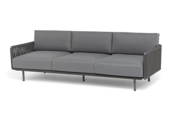 "Джелло" диван 3-местный плетеный из роупа, каркас алюминий темно-серый (RAL7024) муар, роуп темно-серый круглый, ткань темно-серая 027цвет Темно-серый