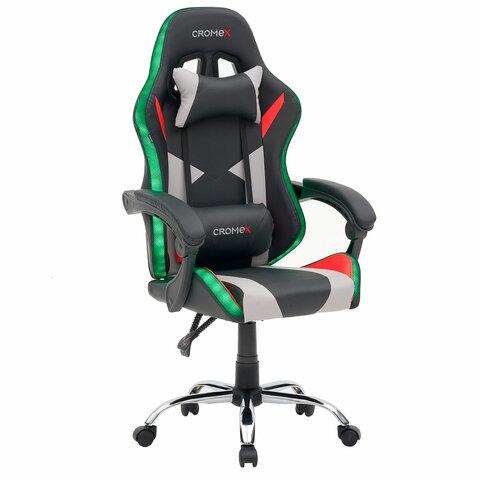 Кресло компьютерное CROMEX "Quantum GM-155 RGB", подсветка, две подушки, экокожа, черное/красное/серое, 532955