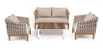 "Диего" лаунж-зона 4-местная плетеная из роупа со столиком "Канны" цвета "дуб", основание дуб, роуп бежевыйцвет Бежевый