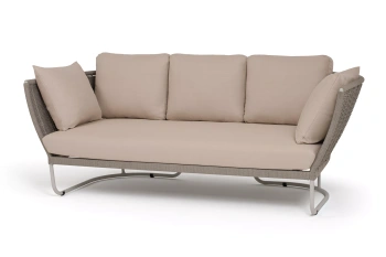 "Фиджи" диван 3-местный плетеный из роупа, каркас алюминий светло-серый (RAL7035) муар, роуп серый меланж круглый, ткань Mossle бежеваяцвет серый меланж