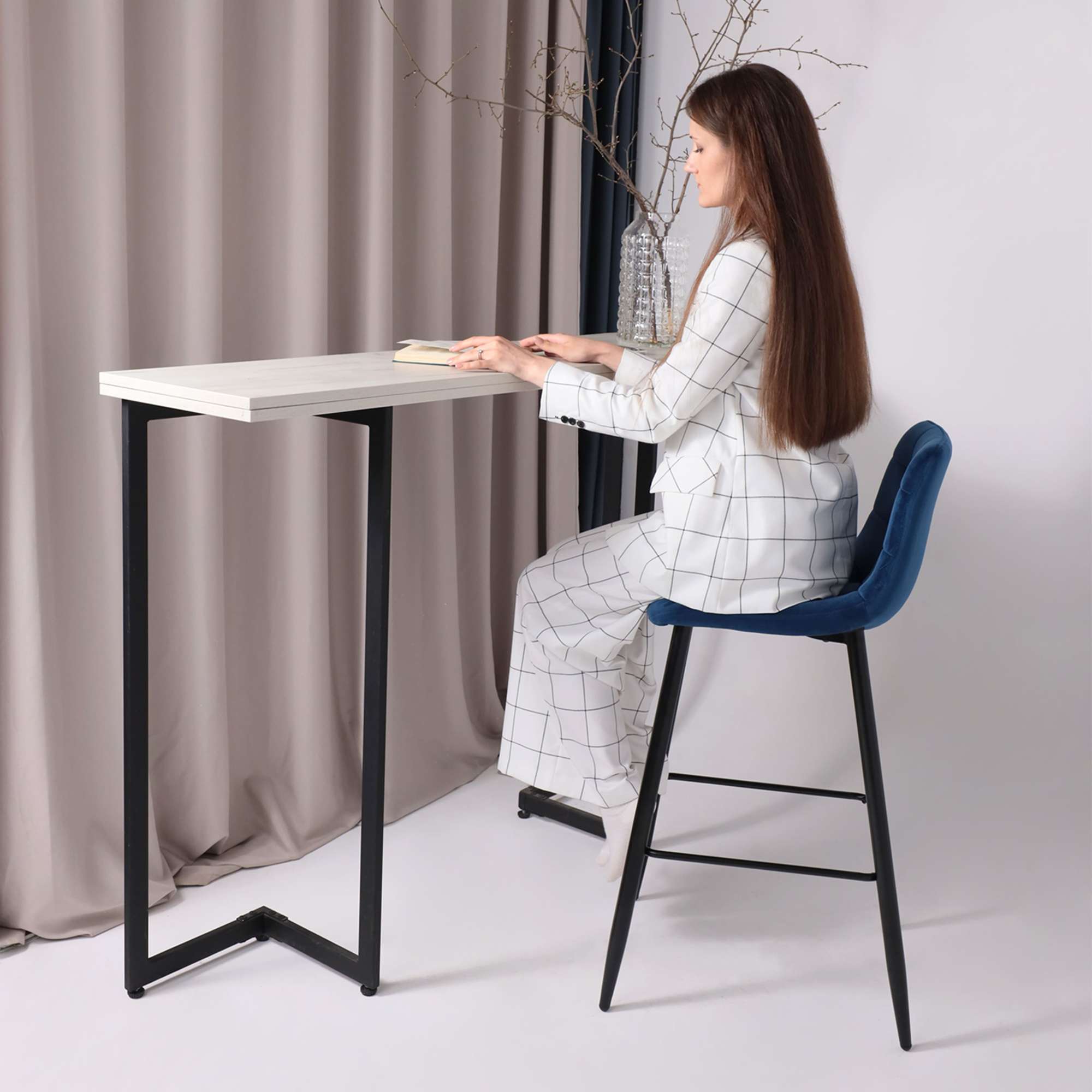 Стул барный Stella, синий, велюр