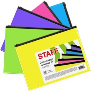 Папка-конверт на молнии А4 (230х333 мм), ПВХ, цвет ассорти/прозрачная, 0,15 мм, STAFF, 274076