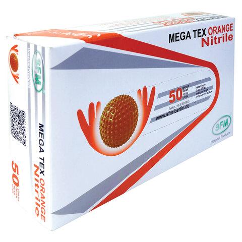 Перчатки нитриловые сверхпрочные с текстурой SFM MEGA TEX ORANGE, Германия, 25 пар (50 штук), размер L, ЧЗ, 4036534914205