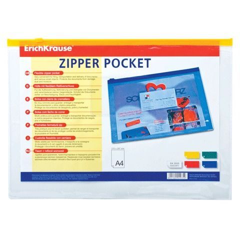 Папка-конверт на молнии А4 (335х238 мм), карман для визиток, молния ассорти, прозрачная, 0,14 мм, ERICH KRAUSE, 2935 цена 100 ₽ Папка-конверт на молнии А4 (335х238 мм), карман для визиток, молния ассорти, прозрачная, 0,14 мм, ERICH KRAUSE, 2935