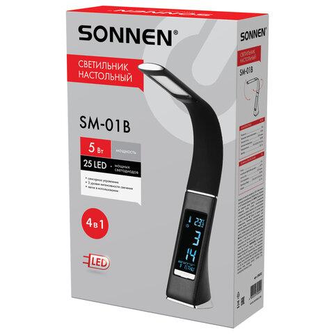 Настольная лампа / светильник SONNEN SM-01B на подставке, LCD-экран, СВЕТОДИОДНАЯ, 5 Вт, черный, 238232