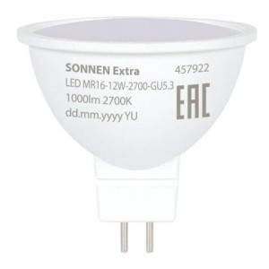 Лампа светодиодная SONNEN EXTRA, 12 (110) Вт, GU5.3, софит, теплый белый, 30000 ч, LED MR16-GU5.3-12W-2700, 457922