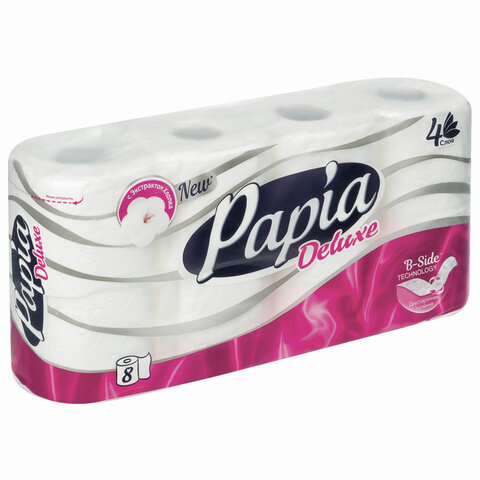 Бумага туалетная бытовая, спайка 8 шт., 4-слойная (8х14,8 м), PAPIA DELUXE/ELITE, белая, 50202823/502040