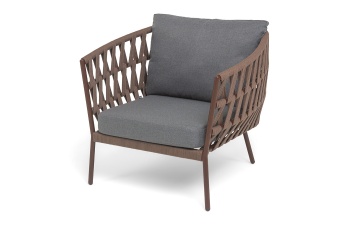 "Диего" кресло плетеное из роупа, каркас алюминий коричневый (RAL8016) шагрень, роуп коричневый круглый, ткань темно-серая 019цвет коричневый