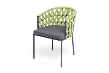 "Диего" стул плетеный из роупа, каркас из стали темно-серый (RAL7024) муар, роуп салатовый меланж круглый, ткань темно-серая 027цвет салатовый меланж