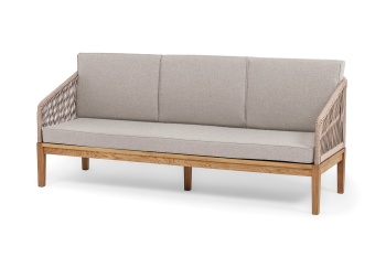 "Канны" диван 3-местный плетеный из роупа, основание дуб, роуп коричневый круглый, ткань бежеваяцвет коричневый