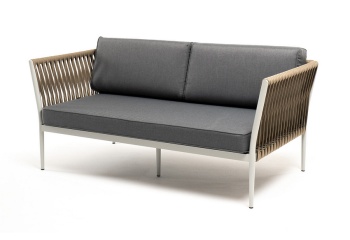 "Касабланка" диван 2-местный плетеный из роупа, каркас алюминий светло-серый (RAL7035) муар, роуп серо-коричневый 23мм, ткань бежевая 052цвет серо-коричневый