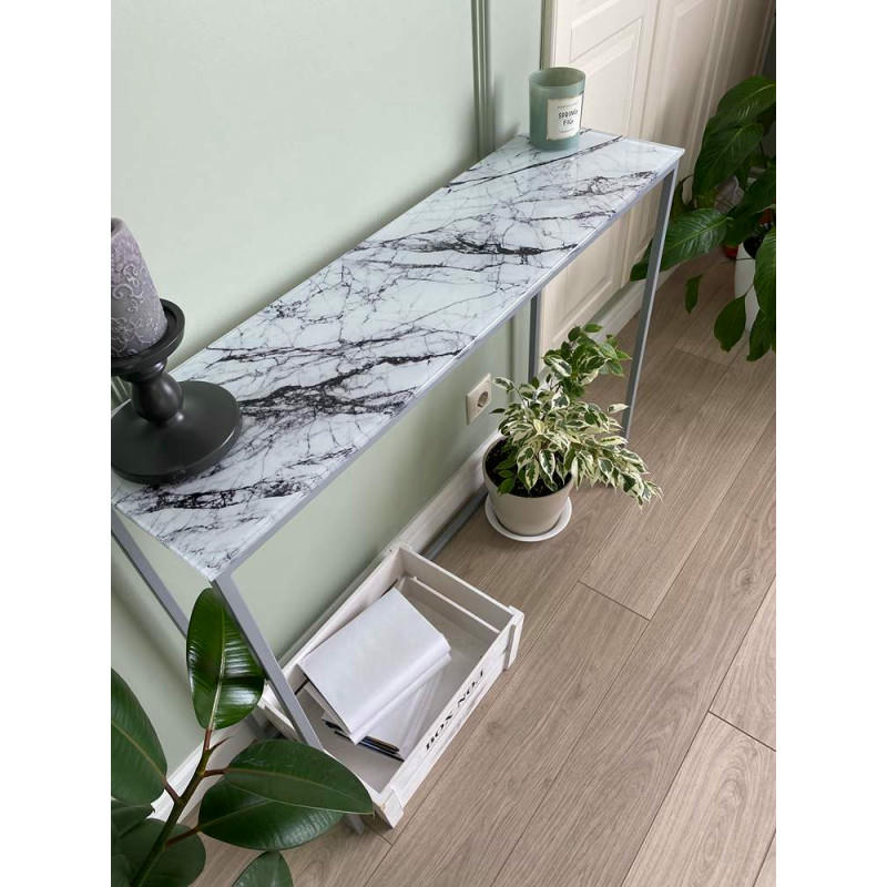 Журнальный столик стекло под мрамор белый/каркас серый