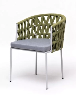 "Диего" стул плетеный из роупа, каркас из стали светло-серый (RAL7035) шагрень, роуп салатовый меланж круглый, ткань светло-сераяцвет Салатовый
