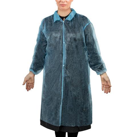 Халат одноразовый голубой на кнопках КОМПЛЕКТ 10 шт, XL 110 см, резинка, 25 г/м2, СНА