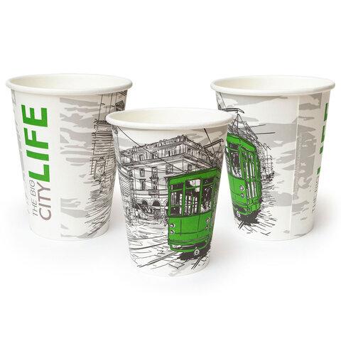 Стакан одноразовый бумажный 300/360 мл, D 90 мм, с печатью "ГОРОД", КОМПЛЕКТ 50 шт., холодное/горячее, WELDAY (ВЭЛДЭЙ), 702696