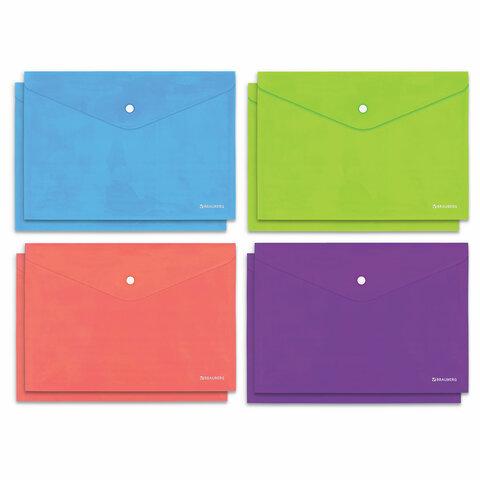 Папка-конверт с кнопкой А4, КОМПЛЕКТ 8 шт., яркие неоновые цвета ассорти, BRAUBERG "NEON", 272871