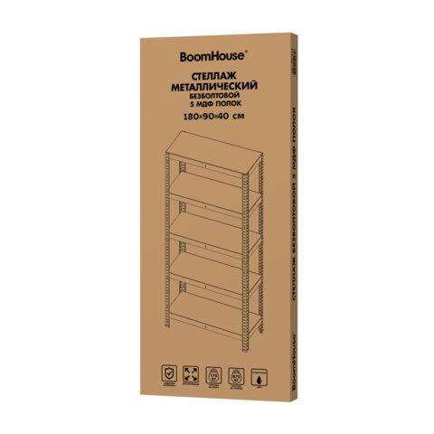 Стеллаж металлический BOOMHOUSE (БУМХАУС) безболтовой, 1800x900x400 мм, 5 полок МДФ, нагрузка на стеллаж до 875 кг, серебристый, 291412