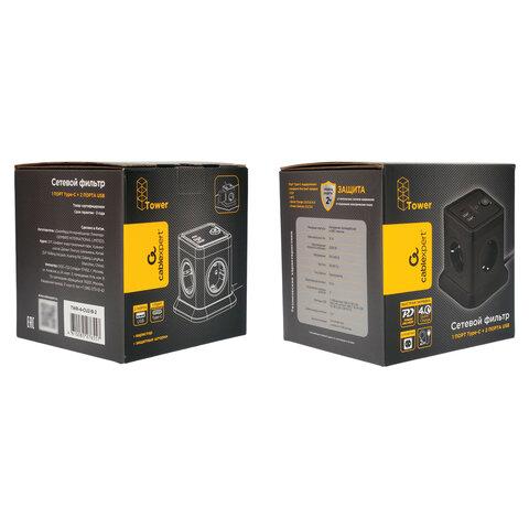Сетевой фильтр CABLEXPERT Tower, 4 розетки, 10А, 1xType-C PD, 20Вт, 2хUSB, 2м, черный, TWR-4-CU2-B-2