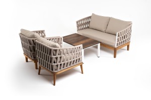 "Диего" лаунж-зона 4-местная плетеная из роупа со столиком "Канны" цвета "дуб"