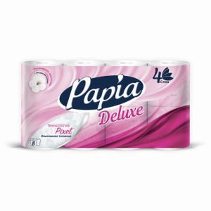 Бумага туалетная бытовая, спайка 8 шт., 4-слойная (8х14,8 м), PAPIA DELUXE/ELITE, белая, 50202823/502040