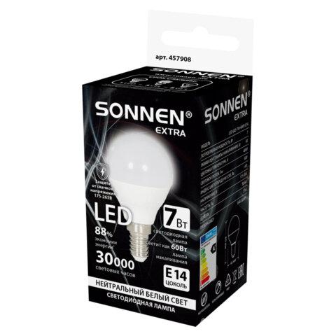 Лампа светодиодная SONNEN EXTRA, 7 (60) Вт, E14, шар, нейтральный белый, 30000 ч, LED G45-7W-4000-Е14, 457908