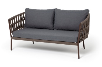 "Диего" диван 2-местный плетеный из роупа, каркас алюминий коричневый (RAL8016) муар, роуп коричневый круглый, ткань темно-серая 027цвет коричневый