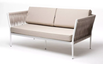 "Касабланка" диван 2-местный плетеный из роупа, каркас алюминий белый муар, роуп бежевый 20мм, ткань бежевая 035цвет серо-коричневый