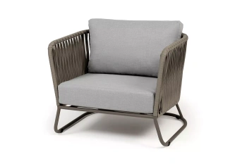 "Багамы" кресло плетеное из роупа, каркас алюминий бежево-серый (RAL7006) муар, роуп серо-коричневый 23мм, ткань светло-сераяцвет серо-коричневый