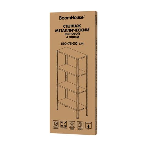 Стеллаж металлический BOOMHOUSE (БУМХАУС) 1500x750x300 мм, 4 полки, нагрузка на стеллаж до 120 кг, серебристый, 291418