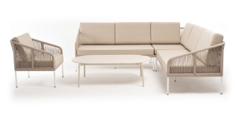 "Канны" модульная угловая лаунж-зона из роупа (веревки) со столом "Диего" (молочный), цвет бежевыйцвет Бежевый