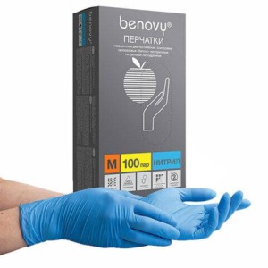 Перчатки нитриловые смотровые 100 пар (200 шт.), размер M, голубые, BENOVY Nitrile Chlorinated, ЧЗ, М