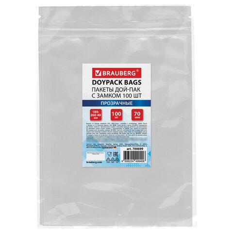 Пакеты дой-пак с замком ZIP LOCK, прозрачные, 180х260 + 40 мм, КОМПЛЕКТ 100 штук, 70 мкм, BRAUBERG, 700699