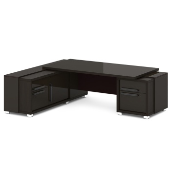 Стол руководителя с тумбой и греденцией, глянцевая столешница L-220 пр/л Graceцвет Дуб Линдберг Темный и Мокачино