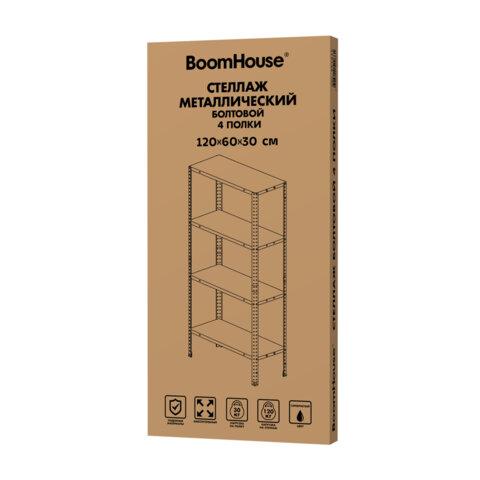 Стеллаж металлический BOOMHOUSE (БУМХАУС) 1200x600x300 мм, 4 полки, нагрузка на стеллаж до 120 кг, серебристый, 291417