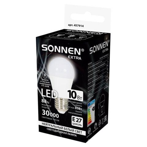 Лампа светодиодная SONNEN EXTRA, 10 (85) Вт, E27, шар, нейтральный белый, 30000 ч, LED G45-10W-4000-Е27, 457914