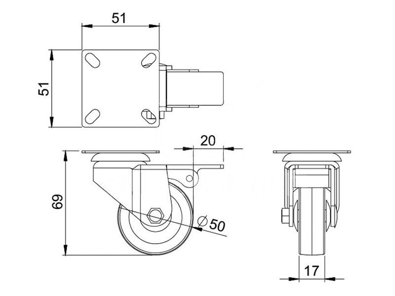 Опора колёсная D50, со стопором, подшипник, сталь, на площадке (мягкий ход)