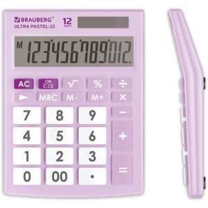 Калькулятор настольный BRAUBERG ULTRA PASTEL-12-PR (192x143 мм), 12 разрядов, двойное питание, СИРЕНЕВЫЙ, 250505