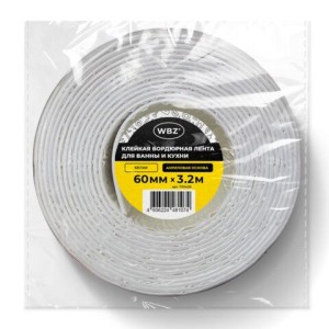 Клейкая лента бордюрная для ванны и кухни 60 мм х 3,2 м, белая, акриловая основа, WBZ (ВБЗ), 700429